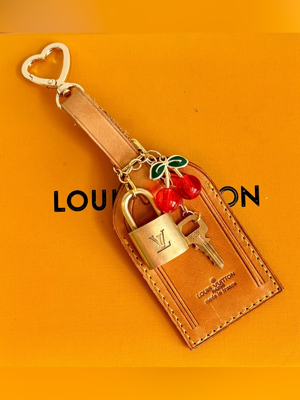 Louis Vuitton Vachetta Luggage Tag, Brass Lock  and Key, Cherry Bag Charm